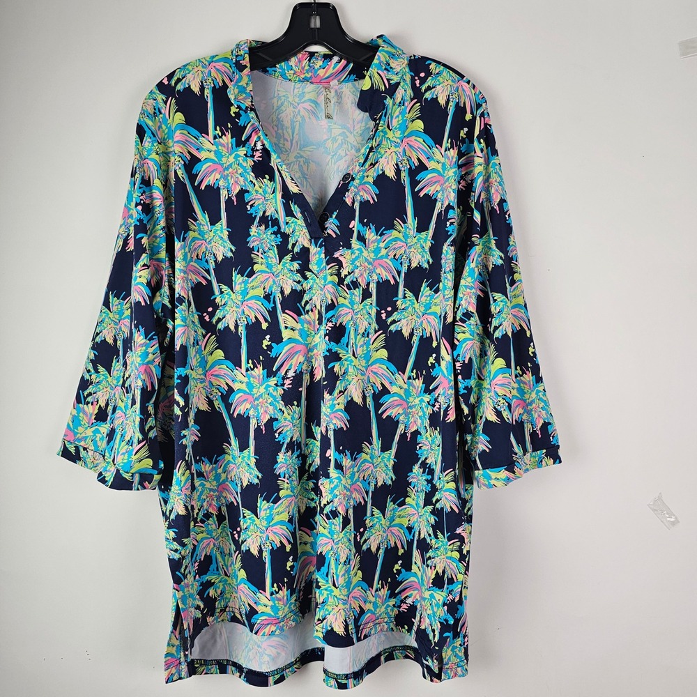 Lulu B Womens 1X Tunic Top Tropical Palm Tree Print V-Neck 3/4 Sleeve Navy Blue